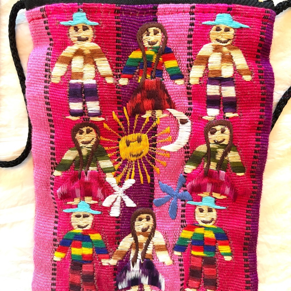 Vintage Crossbody worry dolls embroidered pink handmade in Peru. NWOT - Picture 2 of 11